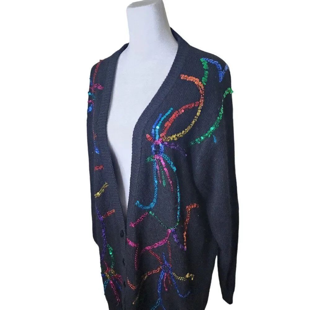 Vintage 80s Confetti Sequin Cardigan Sweater Womens Size M Black Rainbow Angora